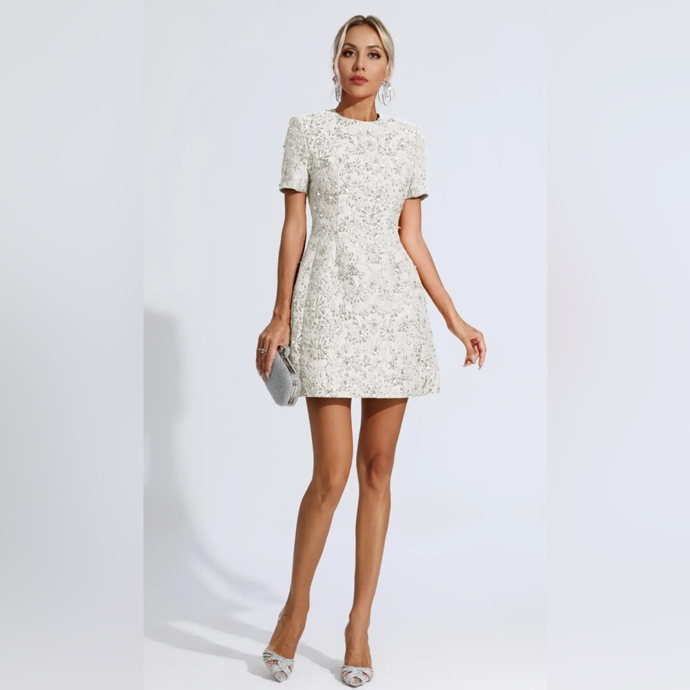 CATCHALL Astrid Silver Jacquard Floral Mini Dress